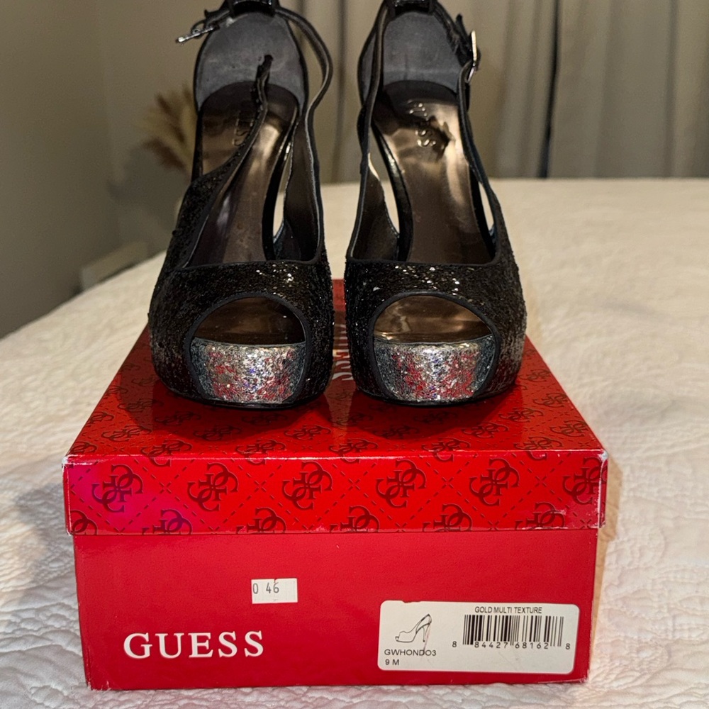 GUESS Glitter Black Peep Toe Heels